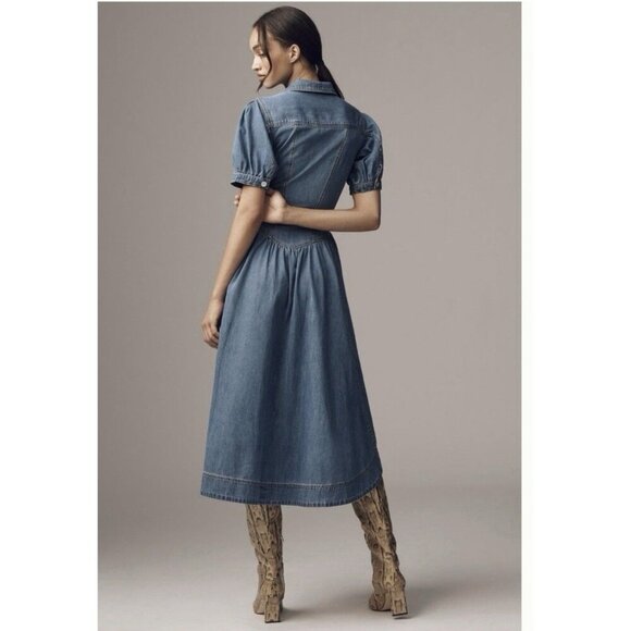 Anthropologie Pilcro Short-Sleeve Denim Midi Shirt Dress Western Festival 6P - Picture 9 of 10